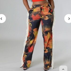 Micas Orange Abstract Print Fringe Trim Pants